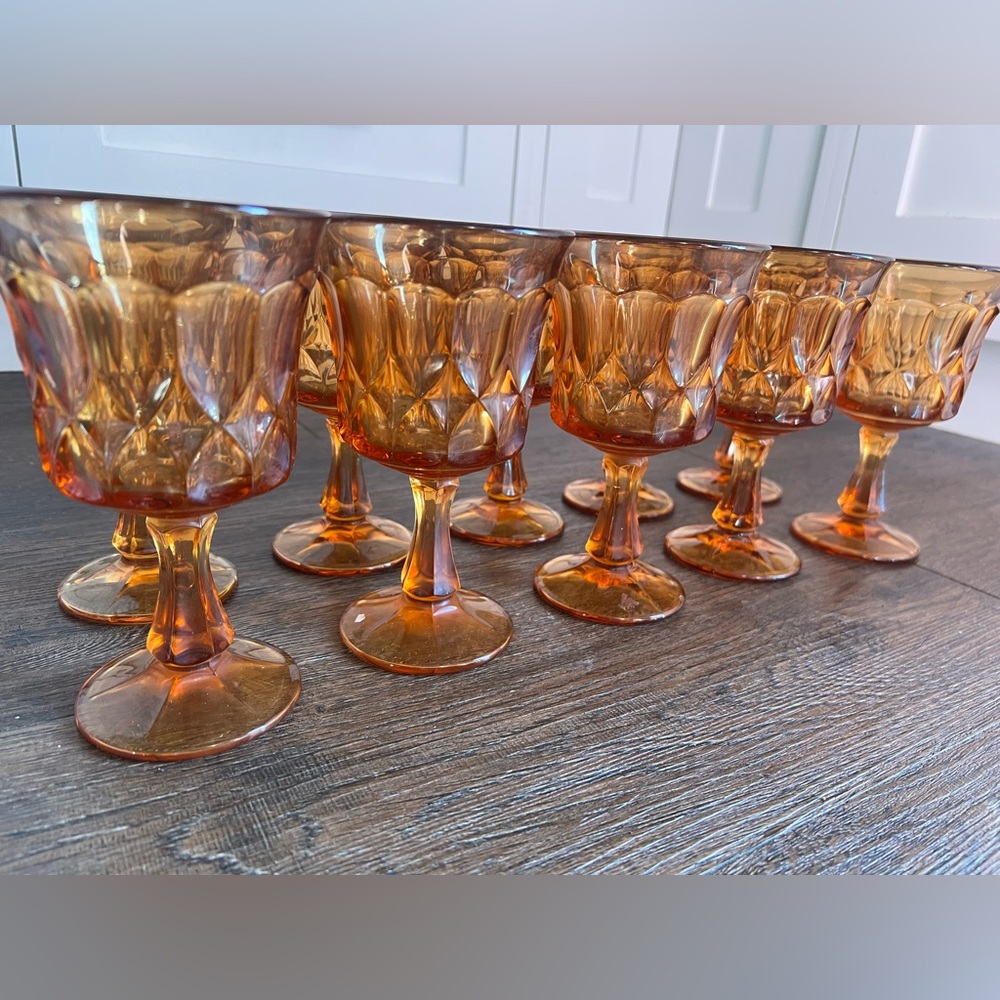 Set of 10 Vintage Noritake Perspective Glasses -Amber Thumbprint Goblets